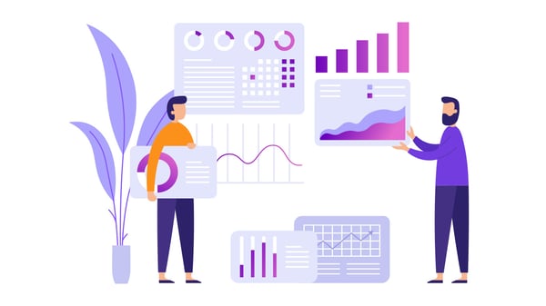 Illustration of people holding analytics dashboards and visualizations